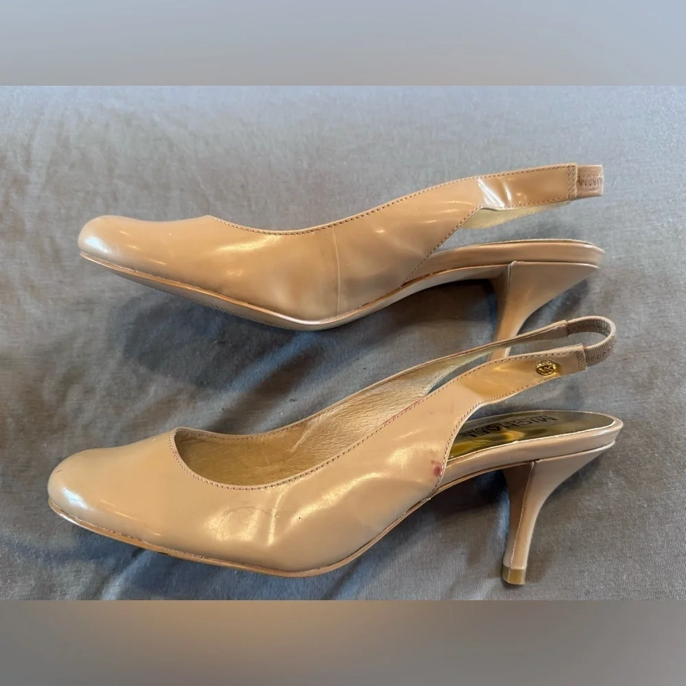 Michael Kors Nude Beige Leather Slingback Round Toe Kitten Heel Shoes Sz 7.5